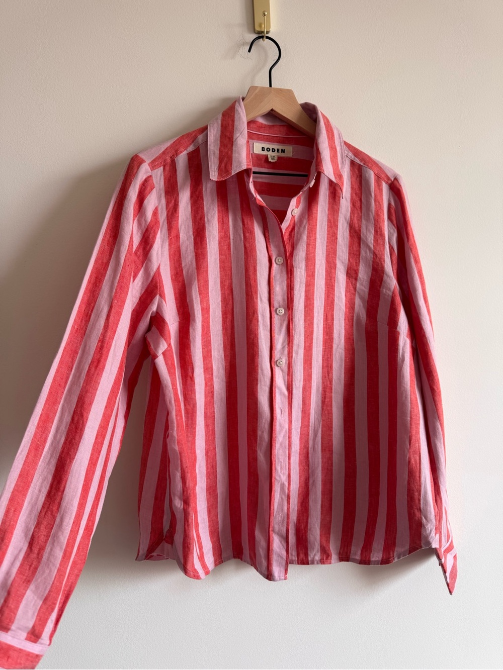 Boden | 100% Linen Pink and Berry Striped Button-Down Shirt ~ US 12R - Picture 3 of 6